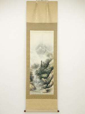 松観筆　彩色山水　肉筆絹本掛軸（共箱）